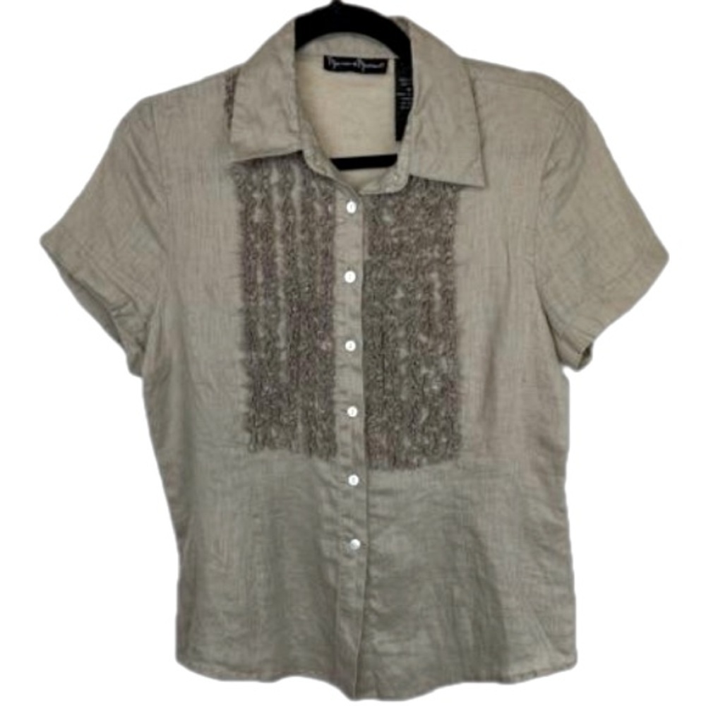 EUC 100% Linen Tan Vintage Tuxedo Ruffle Button Down Blouse Top Medium Y2K Fit